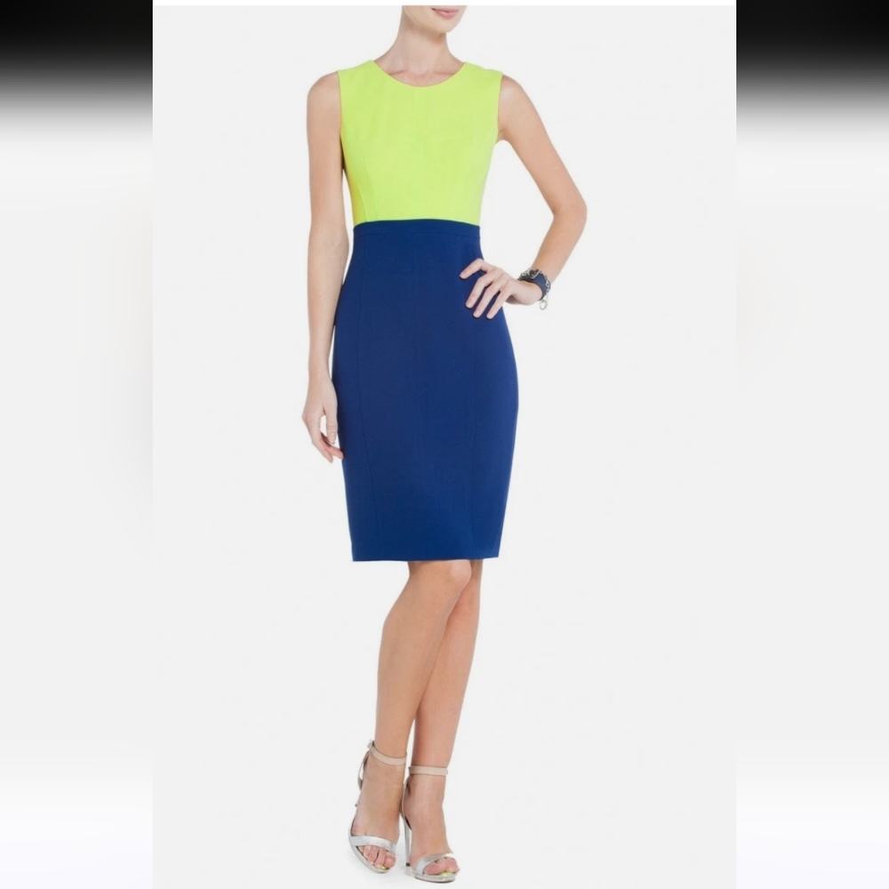 BCBGMaxAzria Blaire color-block Sheath Dress In Navy Blue-Neon Yellow/Green
